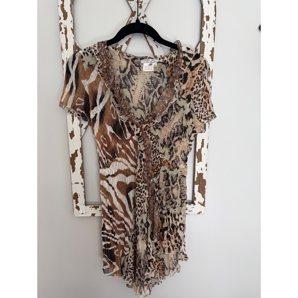 Alberto Makali short-sleeve crinkle tunic mixed animal print sheer size M Y2K